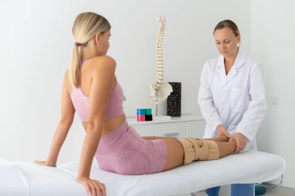 A woman in a pink workout outfit sits on an exam table while a doctor in a white coat examines her injured knee, which is wrapped in a brace, in a medical office setting.