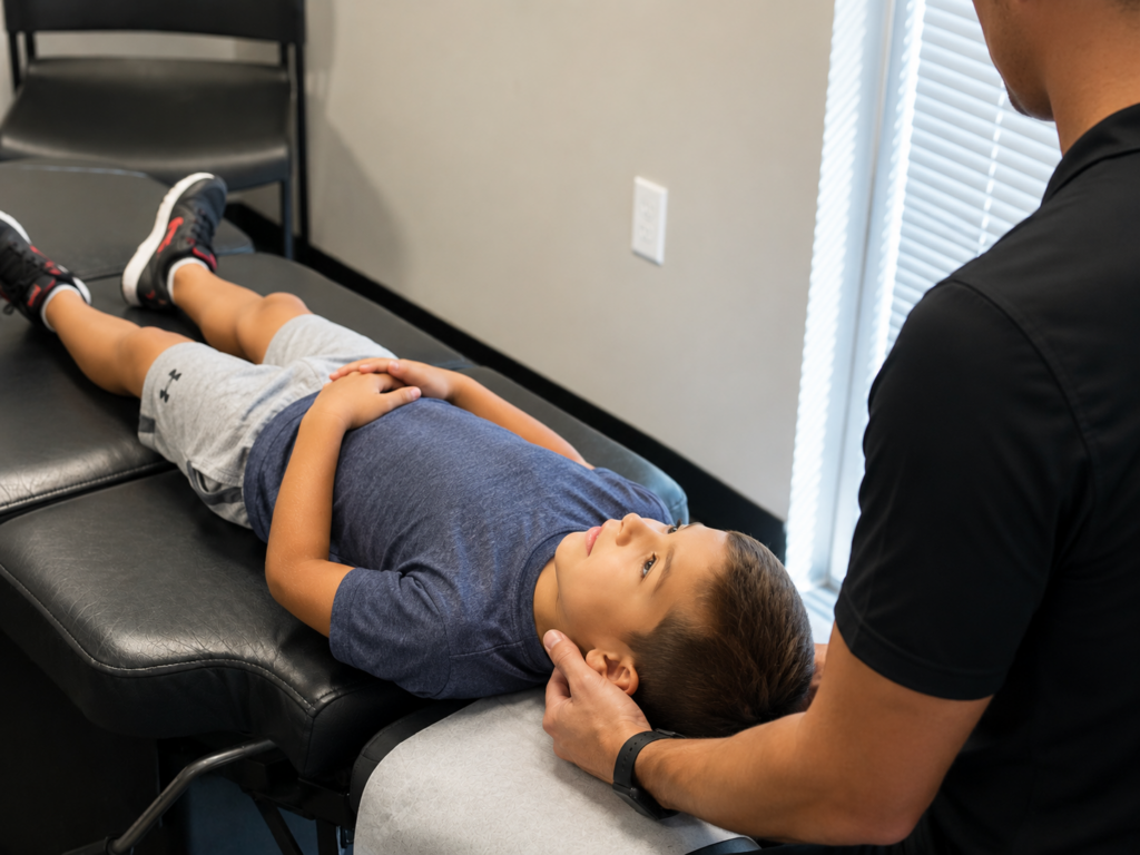 Satisfied with Chiropractic Care during a gentle neck evaluation for a child in a modern chiropractic clinic.
