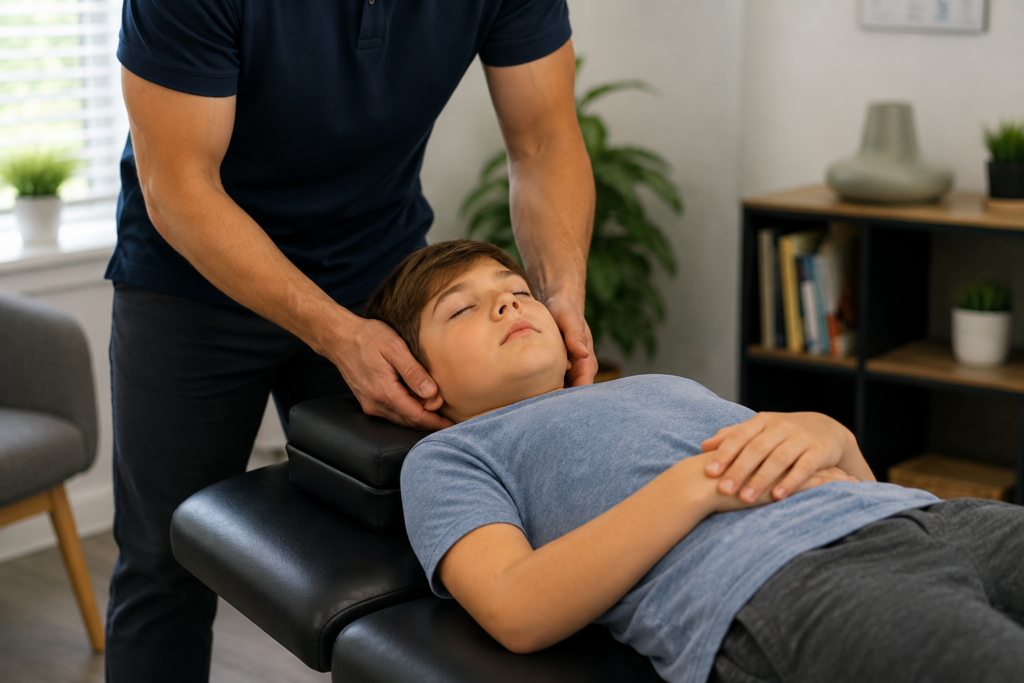Chiropractor providing care to a patient with ADHD Symptoms during a gentle neck adjustment in a modern clinic.