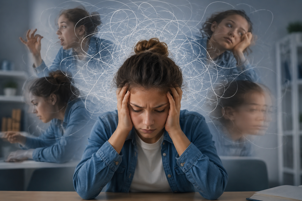 Woman experiencing ADHD Symptoms with multiple emotional expressions illustrating difficulty with focus and attention.