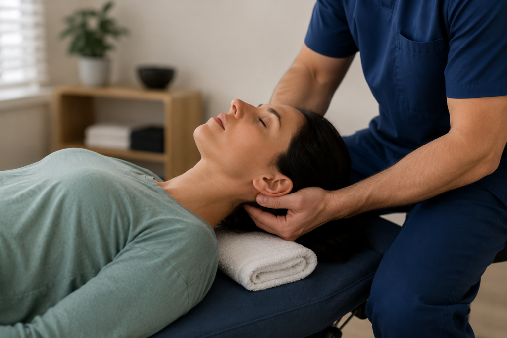 Chiropractor performing upper cervical spinal manipulation for Asthma and Aspirin related breathing problems.