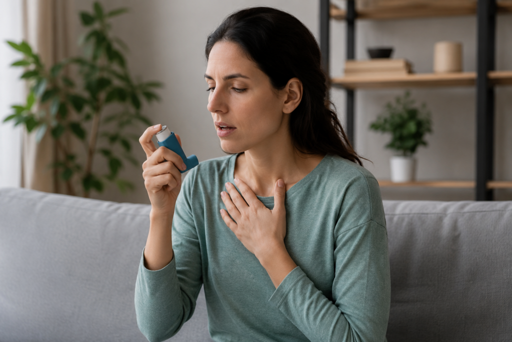 Person using an inhaler for Asthma and Aspirin related breathing problems at home.