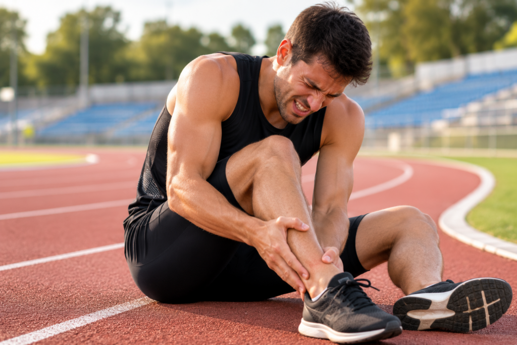 Athletic Recovery athlete holding an injured ankle beside a running track after training.