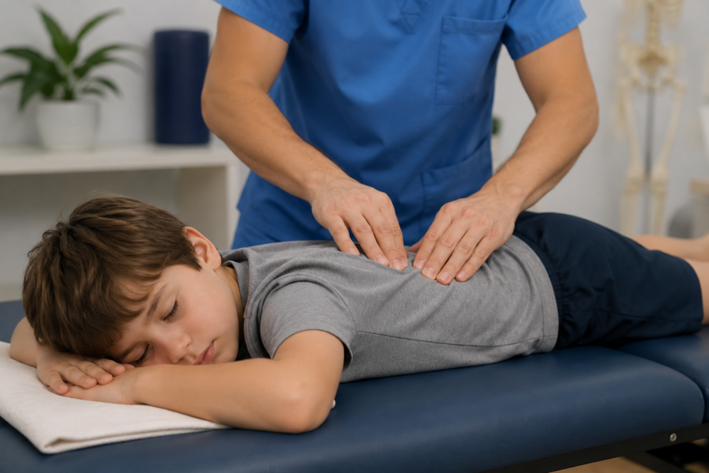 Chiropractic Study showing soft tissue therapy for a child in a modern chiropractic clinic.