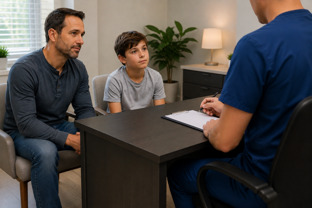Chiropractic Study on Dry Nights consultation with a father, child, and chiropractor in a modern clinic office.