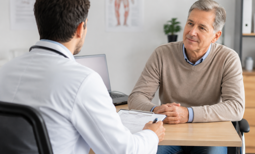 Chiropractor discussing chiropractic care during cancer treatment with a patient