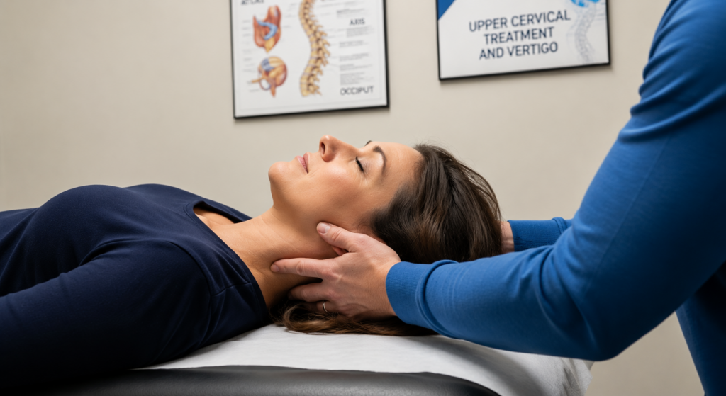 Chiropractor providing neck treatment to a woman recovering from whiplash in a clinical setting.