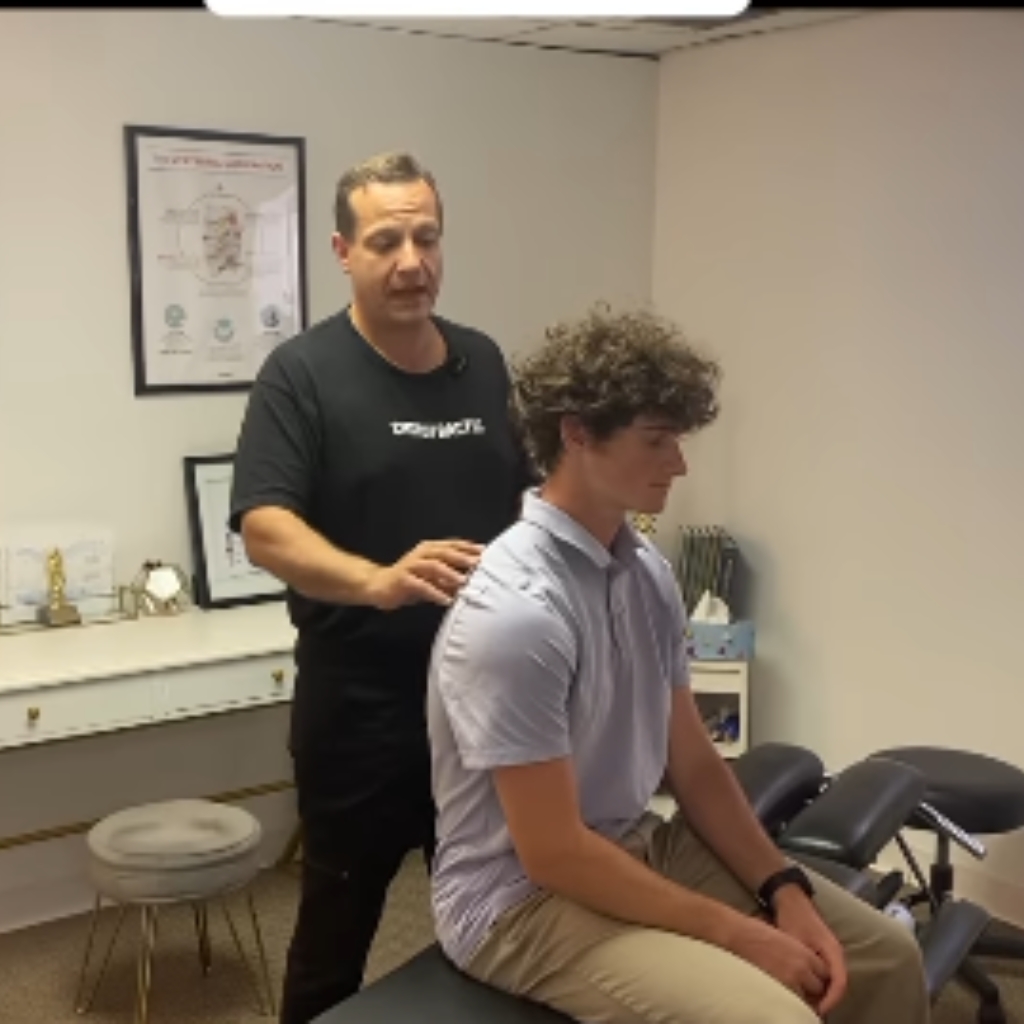 Chiropractor performing a neck and shoulder examination on a seated patient at a New York, NY chiropractic clinic.