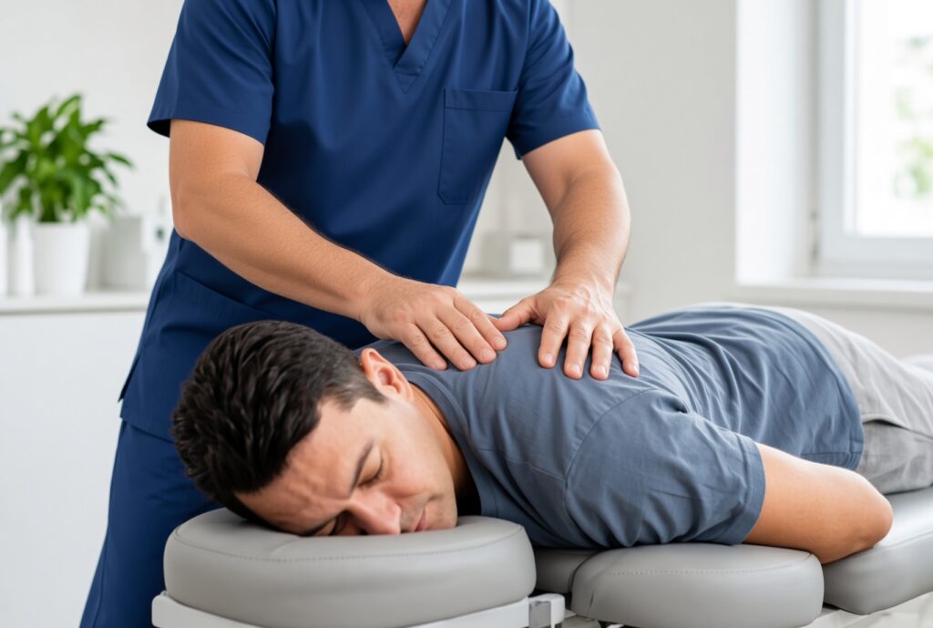 Full-body thoracic adjustment with Cucci branding